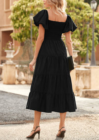 PRETTYGARDEN Women's Summer Casual Midi Dress Puffy Short Sleeve Square Neck Smocked Tiered Ruffle Dresses