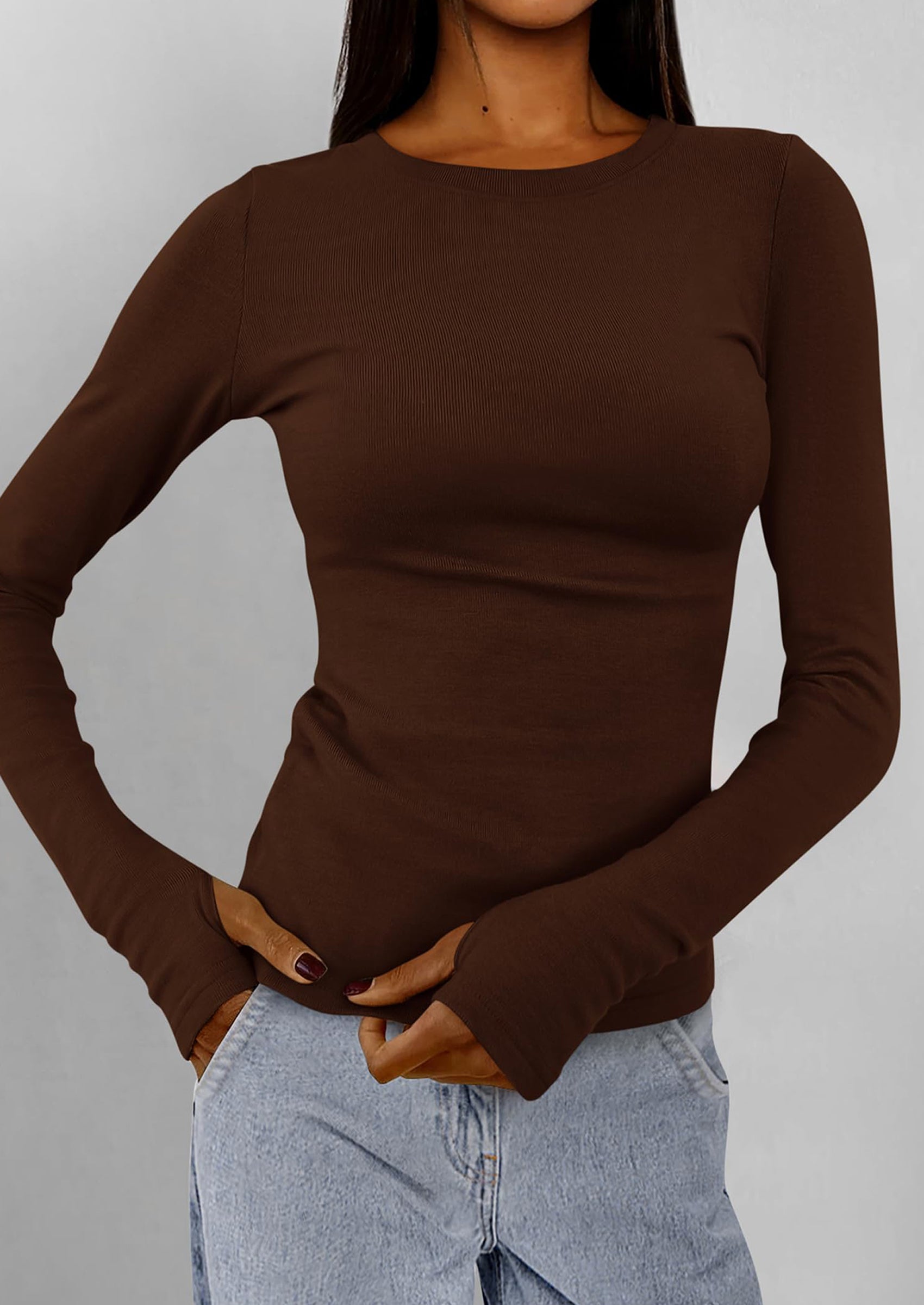 BTFBM Women's Casual Tops Spring Fall Outfits Long Sleeve Shirt Crewneck Workout Stretchy Slim Fit Going Out Top