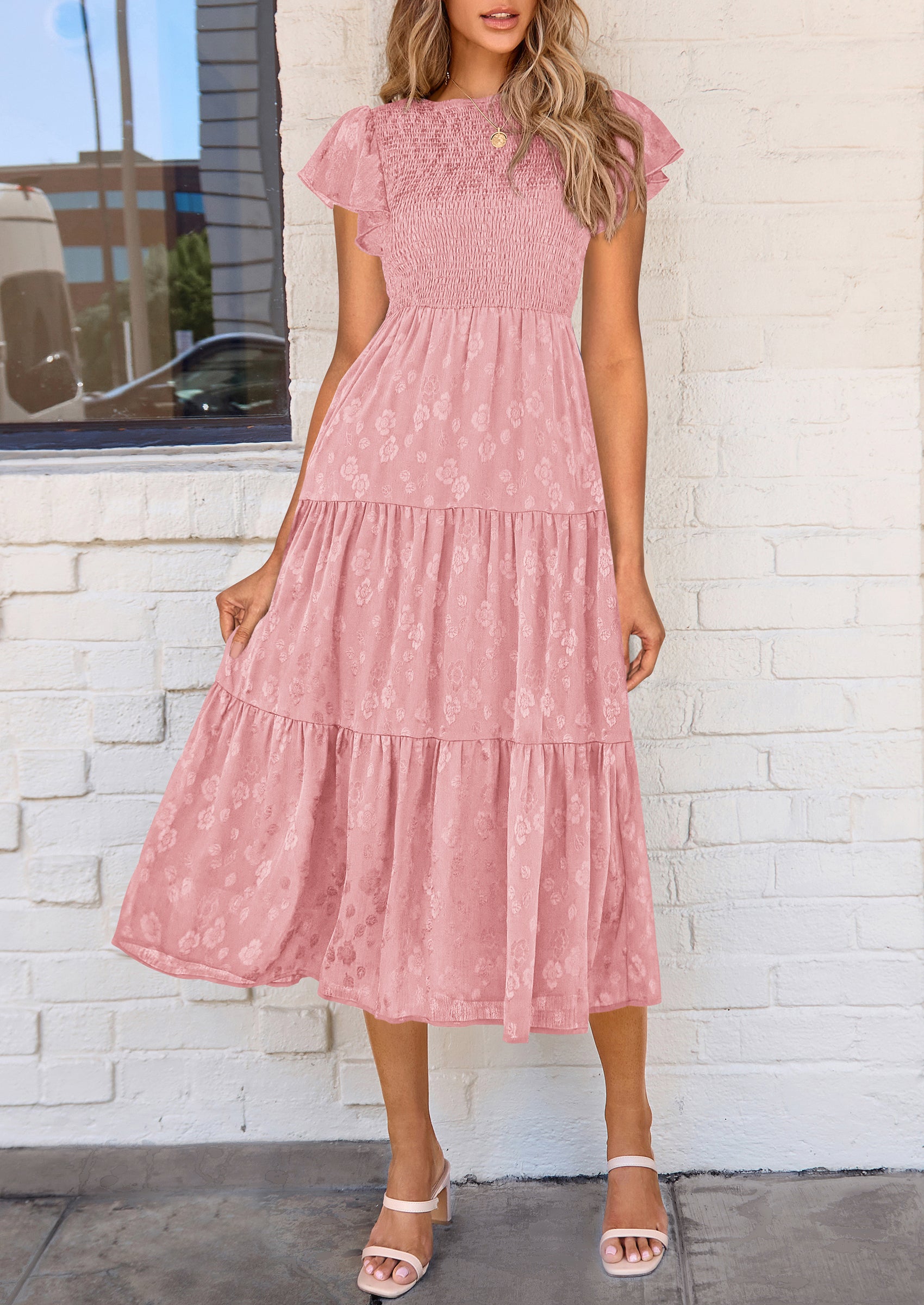 PRETTYGARDEN Midi Dress for Women Summer Floral Cap Sleeve Smocked Ruffle A Line Long Flowy Wedding Guest Dresses