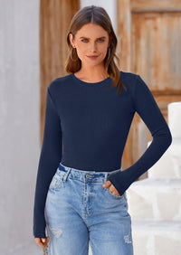 BTFBM Women's Casual Tops Spring Fall Outfits Long Sleeve Shirt Crewneck Workout Stretchy Slim Fit Going Out Top