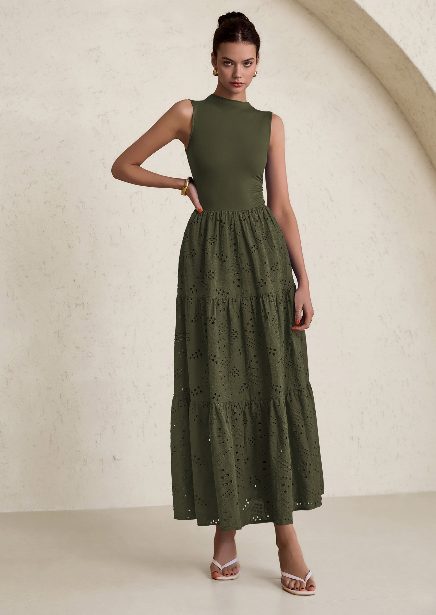 PRETTYGARDEN Dresses for Women Casual Eyelet Sleeveless Wedding Guest Maxi Dress Tank Top Sundress with Pockets