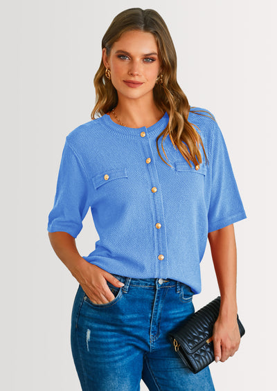 PRETTYGARDEN Women's Summer Button Down Shirts Casual Short Sleeve Crew Neck Ribbed Knit Blouse Top Cardigans