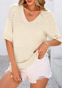 PRETTYGARDEN Women's Short Sleeve Sweater Tops Spring Summer Casual V Neck Ribbed Knit Trendy Eyelet Blouse T Shirts