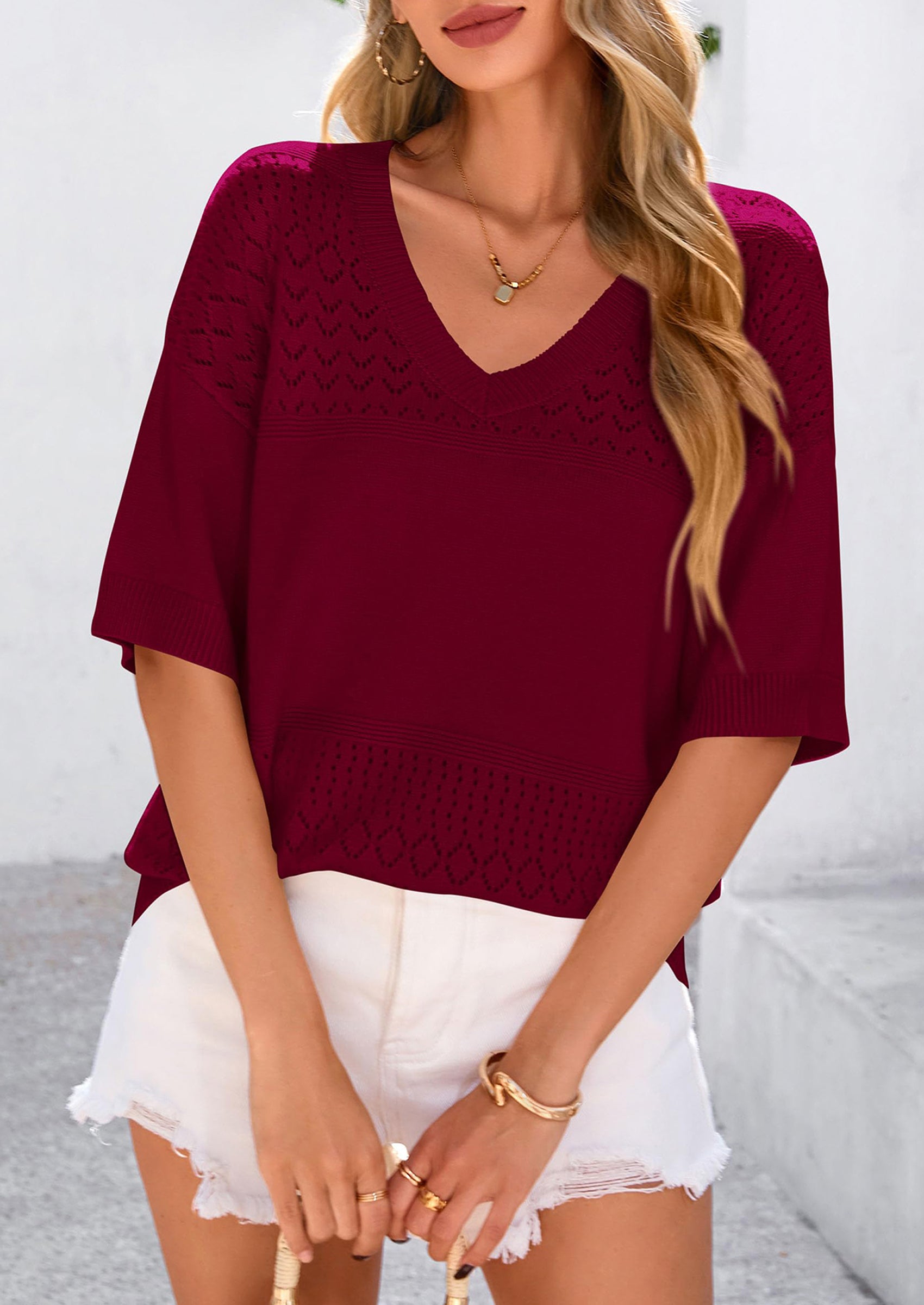 PRETTYGARDEN Women's Short Sleeve Sweater Tops Spring Summer Casual V Neck Ribbed Knit Trendy Eyelet Blouse T Shirts