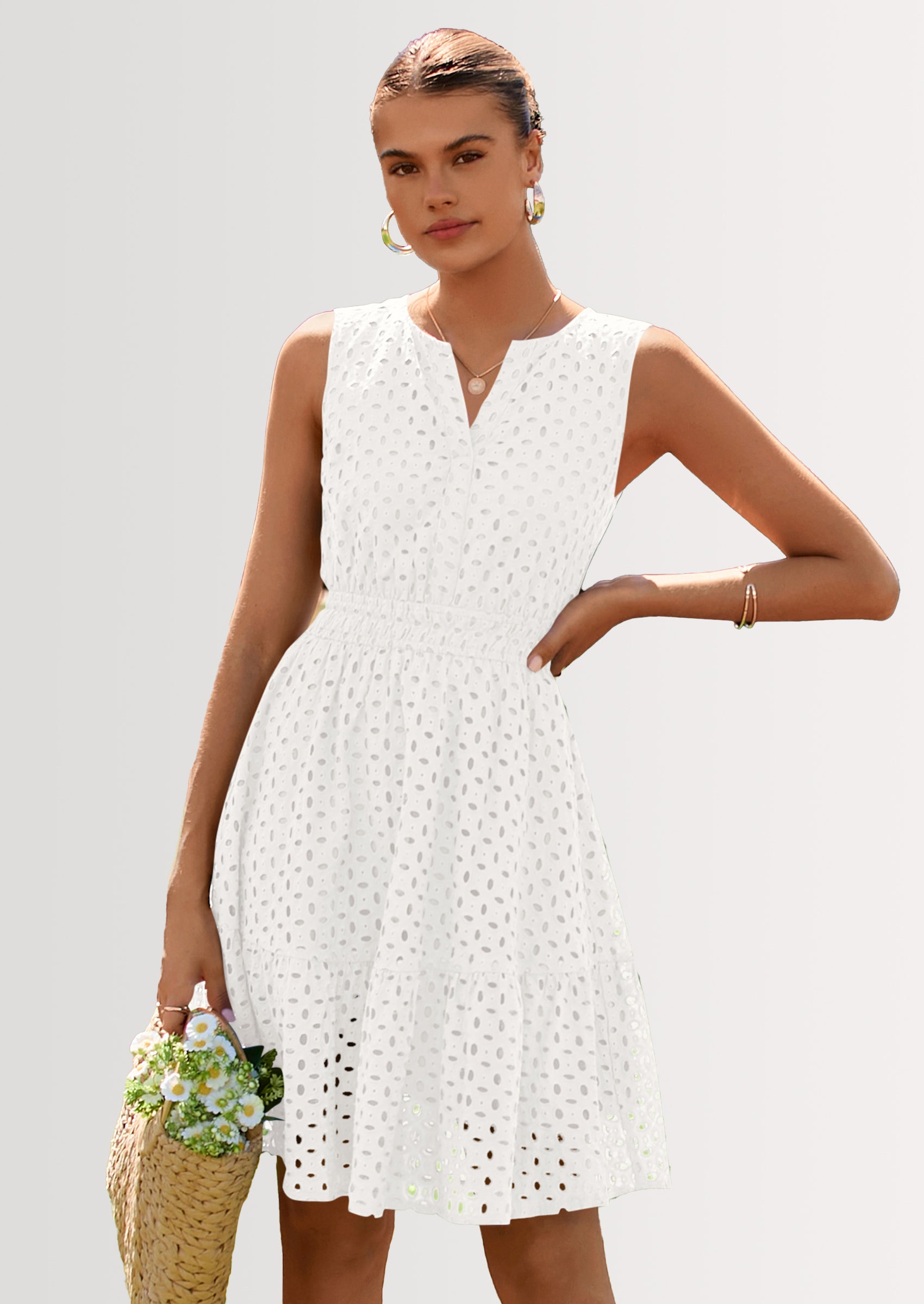 PRETTYGARDEN Women's Summer Dresses Sleeveless V Neck Eyelet Hollow Out Swing A Line Beach Vacation Sun Dress