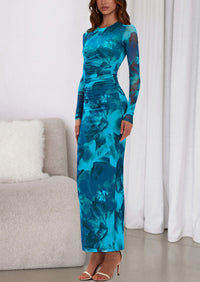 PRETTYGARDEN Women's Fall Wedding Guest Dresses Long Sleeve Fitted Ruched Slit Bodycon Mesh Floral Party Maxi Dress