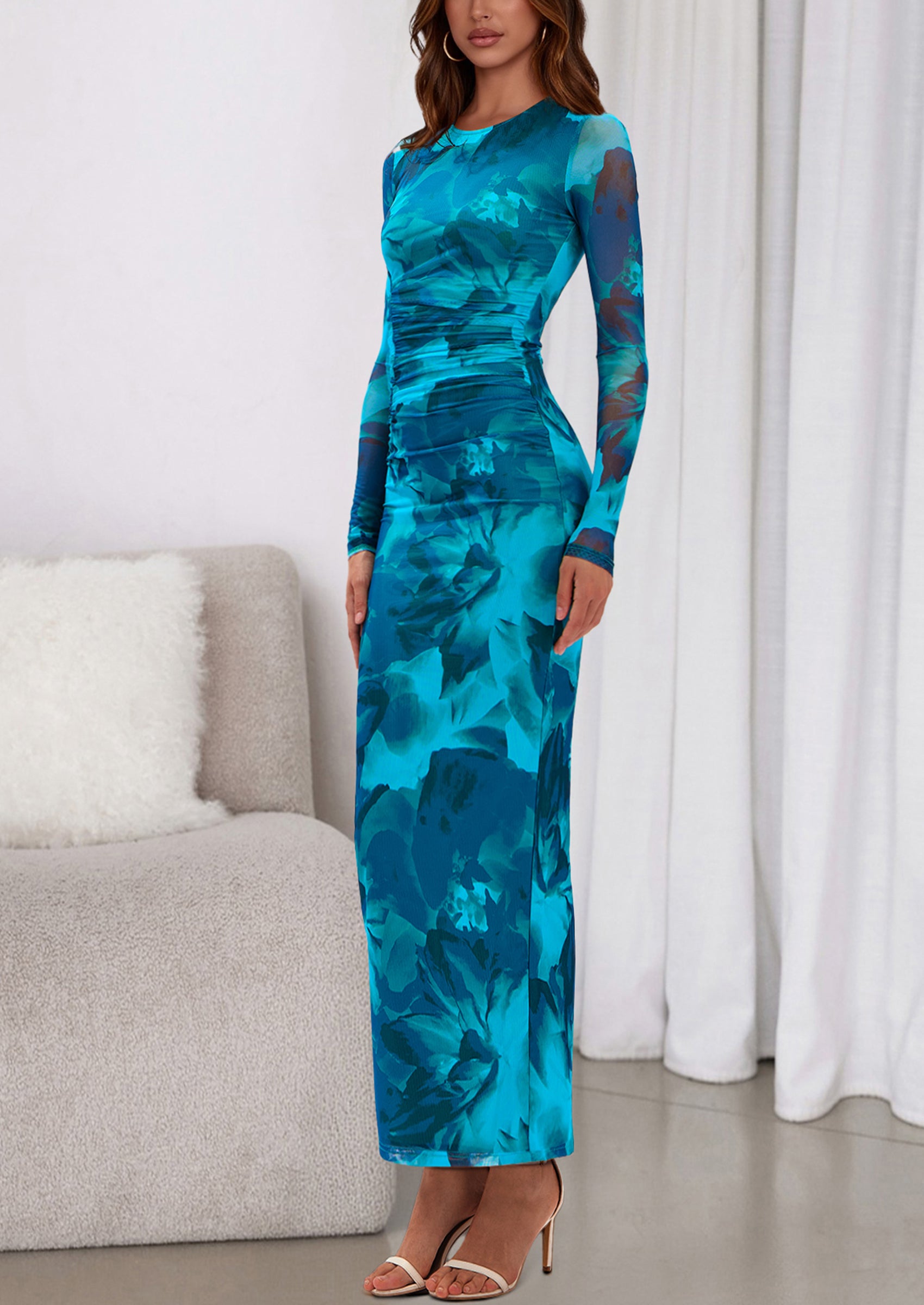 PRETTYGARDEN Women's Fall Wedding Guest Dresses Long Sleeve Fitted Ruched Slit Bodycon Mesh Floral Party Maxi Dress