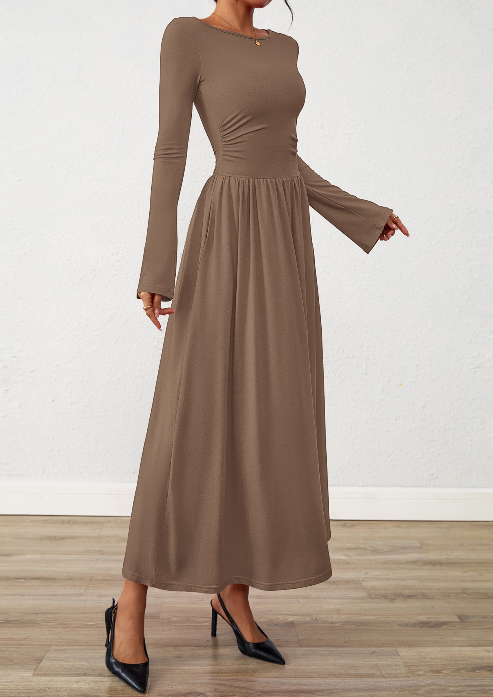 BTFBM Long Sleeve Maxi Dresses for Women Fall Casual Ruched Boat Neck Flowy Elegant Formal Wedding Guest Dress