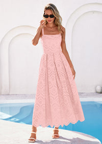 PRETTYGARDEN Womens Sleeveless Maxi Summer Dresses Hollow Out Eyelet Square Neck Ruffle Flowy Beach Vacation Sundress PRETTYGARDEN