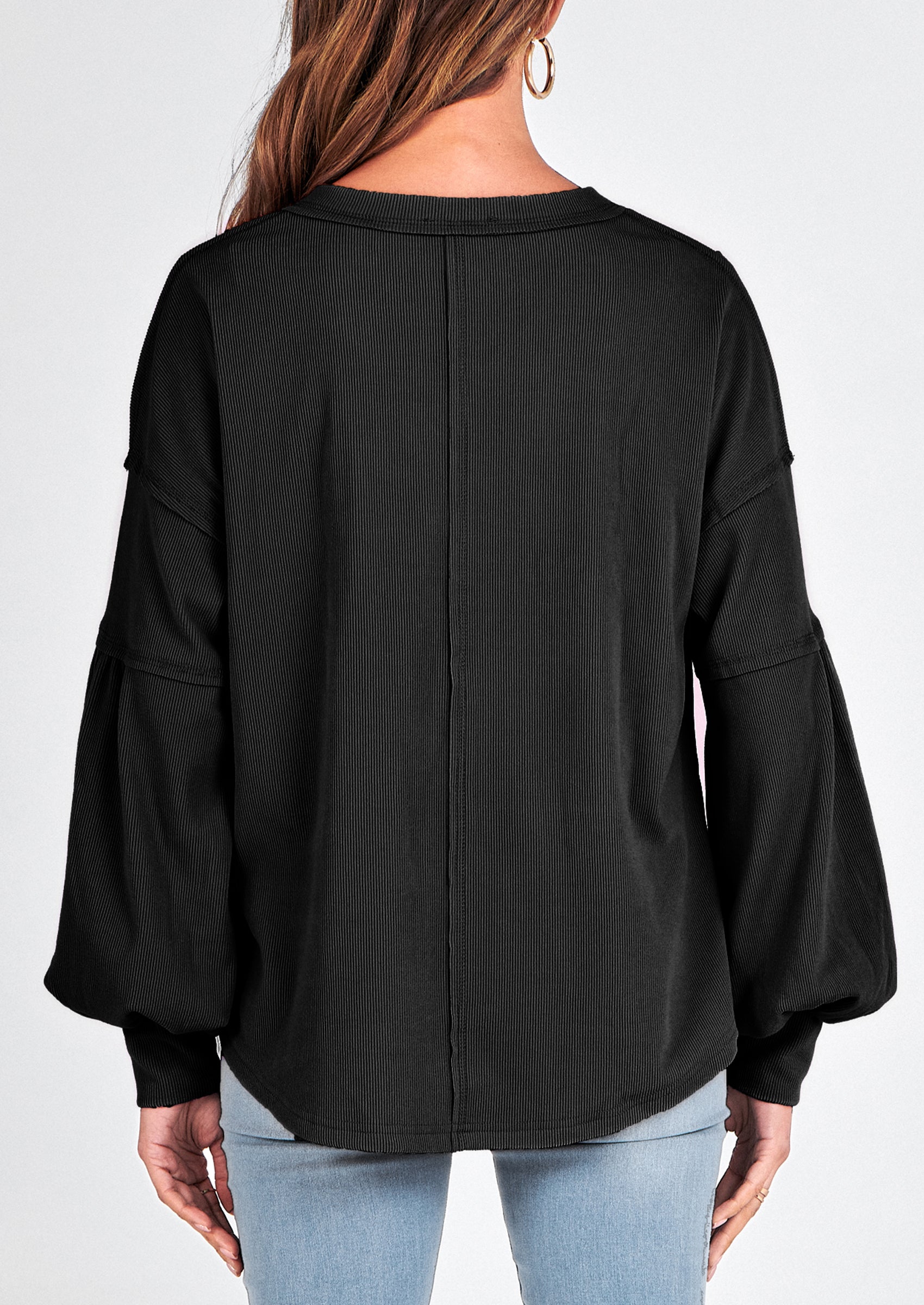 BTFBM Women's Ribbed Long Sleeve Tops Summer Spring Pullover Knit Casual V Neck Blouses Trendy Loose Fit Tunic Top