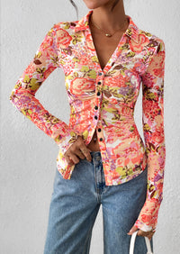 PRETTYGARDEN Women Button Down Floral Shirts Fall Trendy Long Sleeve V Neck Ruched Fitted Mesh Blouse Tops Date Outfits