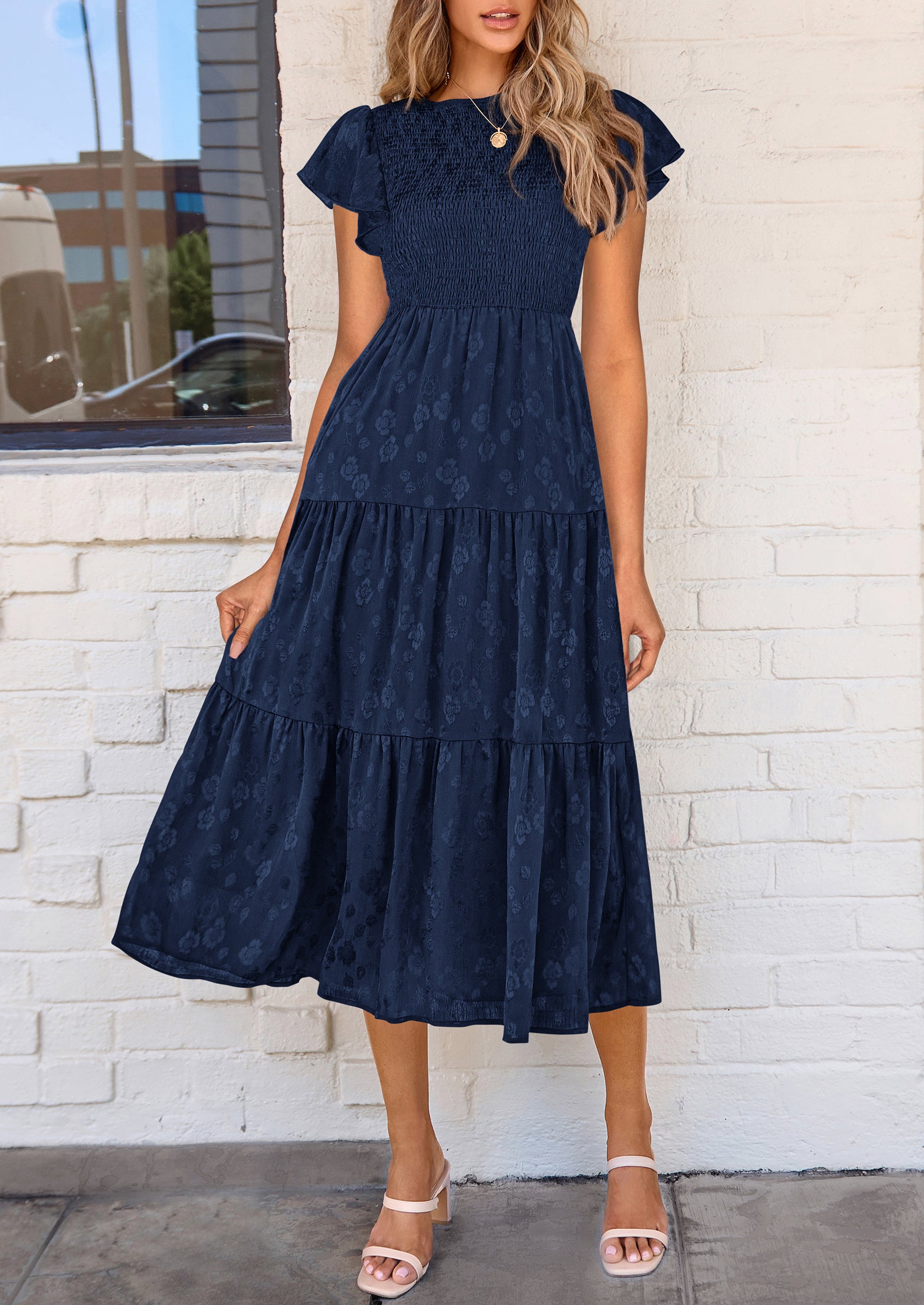 PRETTYGARDEN Midi Dress for Women Summer Floral Cap Sleeve Smocked Ruffle A Line Long Flowy Wedding Guest Dresses