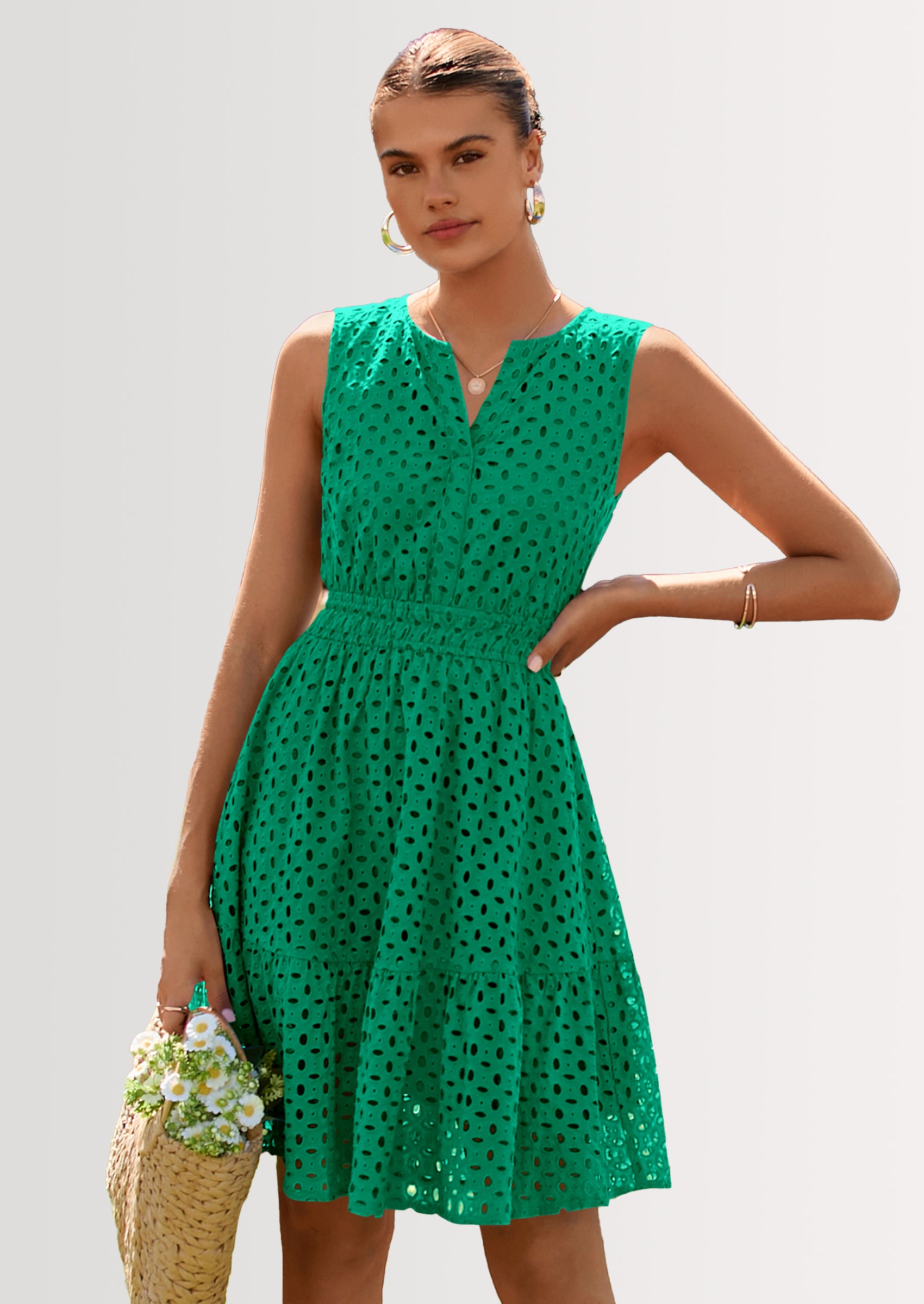 PRETTYGARDEN Women's Summer Dresses Sleeveless V Neck Eyelet Hollow Out Swing A Line Beach Vacation Sun Dress