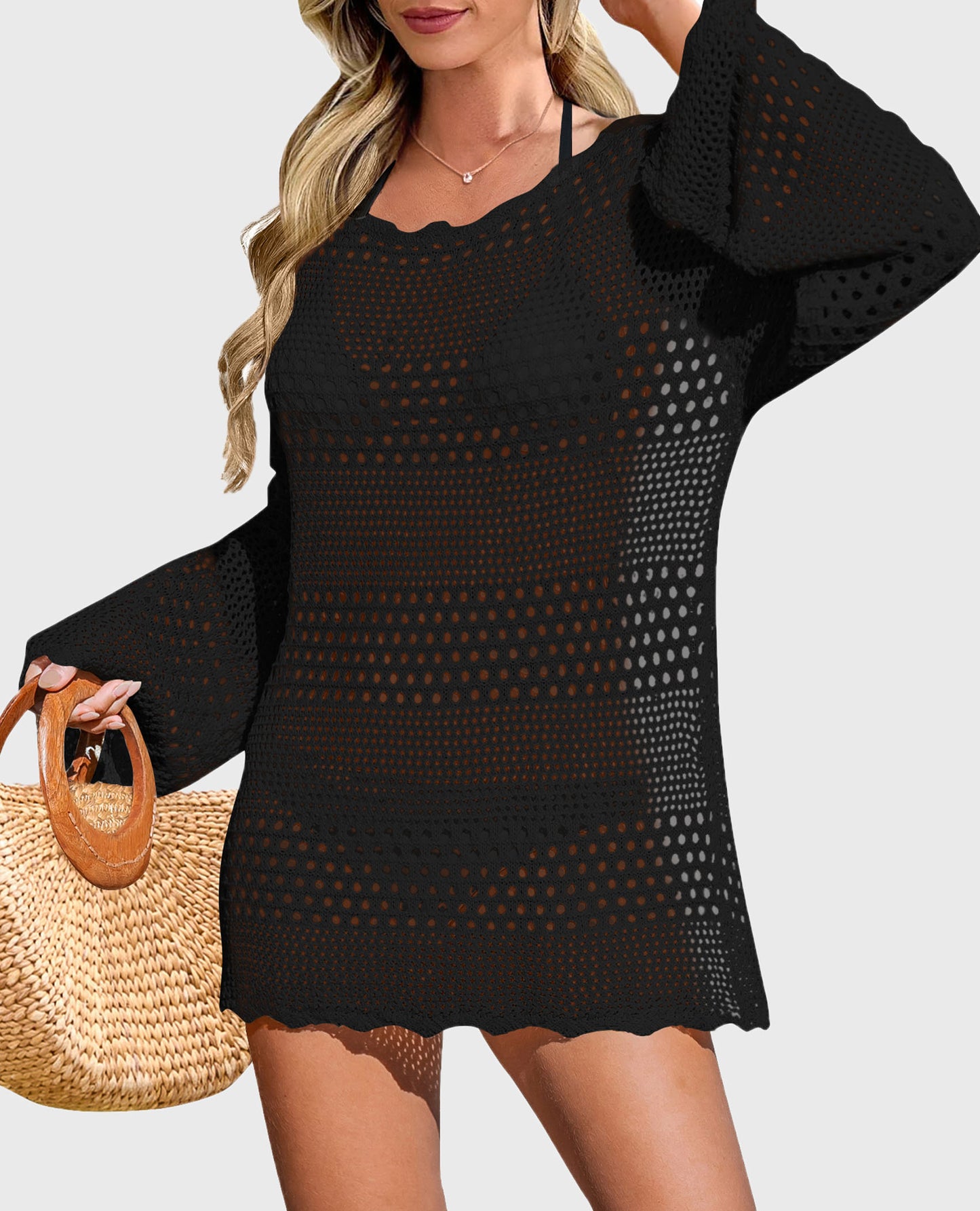 Women's Swimsuit Cover Up Long Sleeve Knit Crochet Bathing Suit Swimwear Beach Dress Summer Vacation Outfits