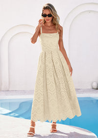 PRETTYGARDEN Womens Sleeveless Maxi Summer Dresses Hollow Out Eyelet Square Neck Ruffle Flowy Beach Vacation Sundress PRETTYGARDEN