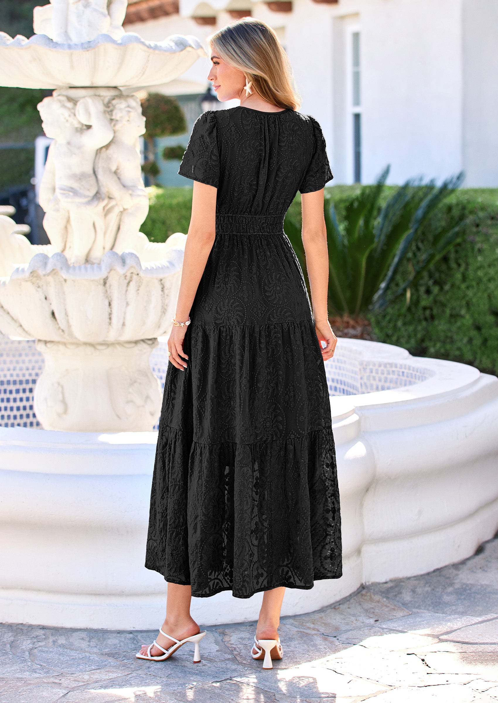 PRETTYGARDEN Womens Boho Maxi Dress Floral Summer Spring Short Sleeve V Neck A Line Embroidered Beach Vacation Dresses