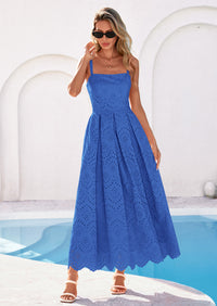 PRETTYGARDEN Womens Sleeveless Maxi Summer Dresses Hollow Out Eyelet Square Neck Ruffle Flowy Beach Vacation Sundress PRETTYGARDEN