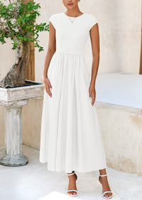 PRETTYGARDEN Women's Casual Long Dresses Cap Sleeve Patchwork A Line Flowy Modest Elegant Homecoming Maxi Dress