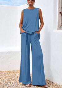 PRETTYGARDEN Women's Two Piece Matching Lounge Sets Asymmetrical Split Tank Tops Wide Leg Pants Summer Outfits Tracksuit