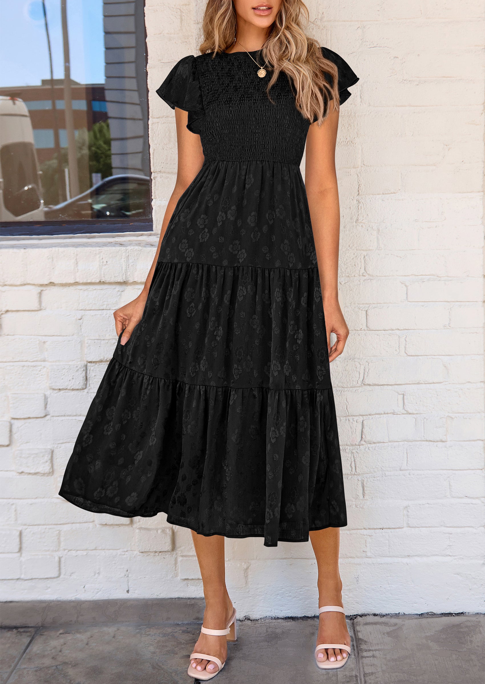 PRETTYGARDEN Midi Dress for Women Summer Floral Cap Sleeve Smocked Ruffle A Line Long Flowy Wedding Guest Dresses