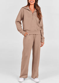 PRETTYGARDEN Women's 2 Piece Outfits Casual Lapel Half Zip Sweatshirts And Wide Leg Pants Tracksuit Sets