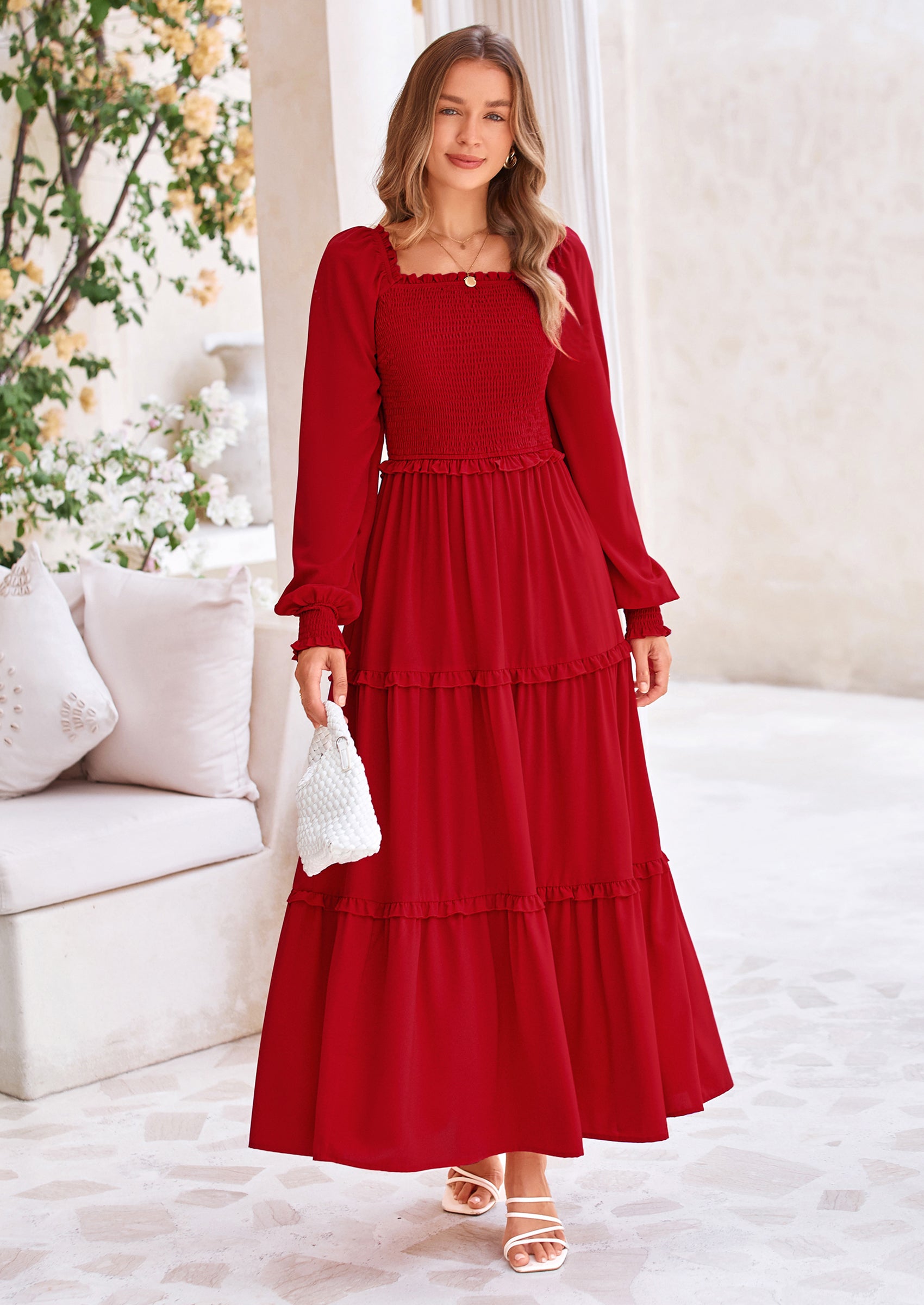 PRETTYGARDEN Fall Wedding Guest Dresses for Women Long Sleeve Square Neck Tiered A Line Modest Elegant Flowy Dresses