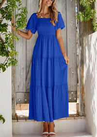 PRETTYGARDEN Womens Summer Puff Short Sleeve Maxi Dress Square Neck Smocked Tiered Ruffle A Line Long Flowy Beach Dresses