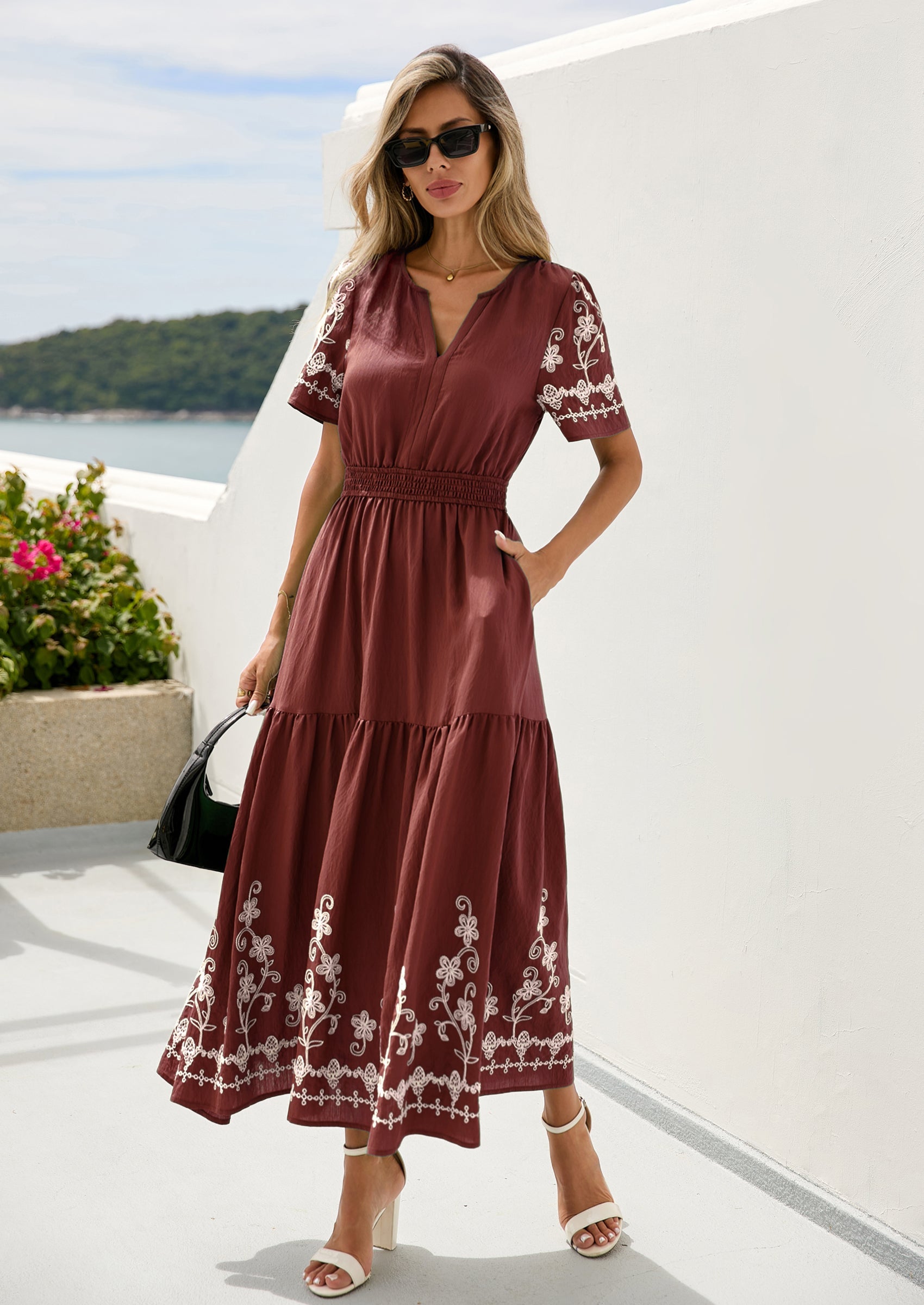PRETTYGARDEN Women's Summer Boho Maxi Dress Spring Floral Short Sleeve V Neck A Line Flowy Beach Wedding Guest Dresses PRETTYGARDEN