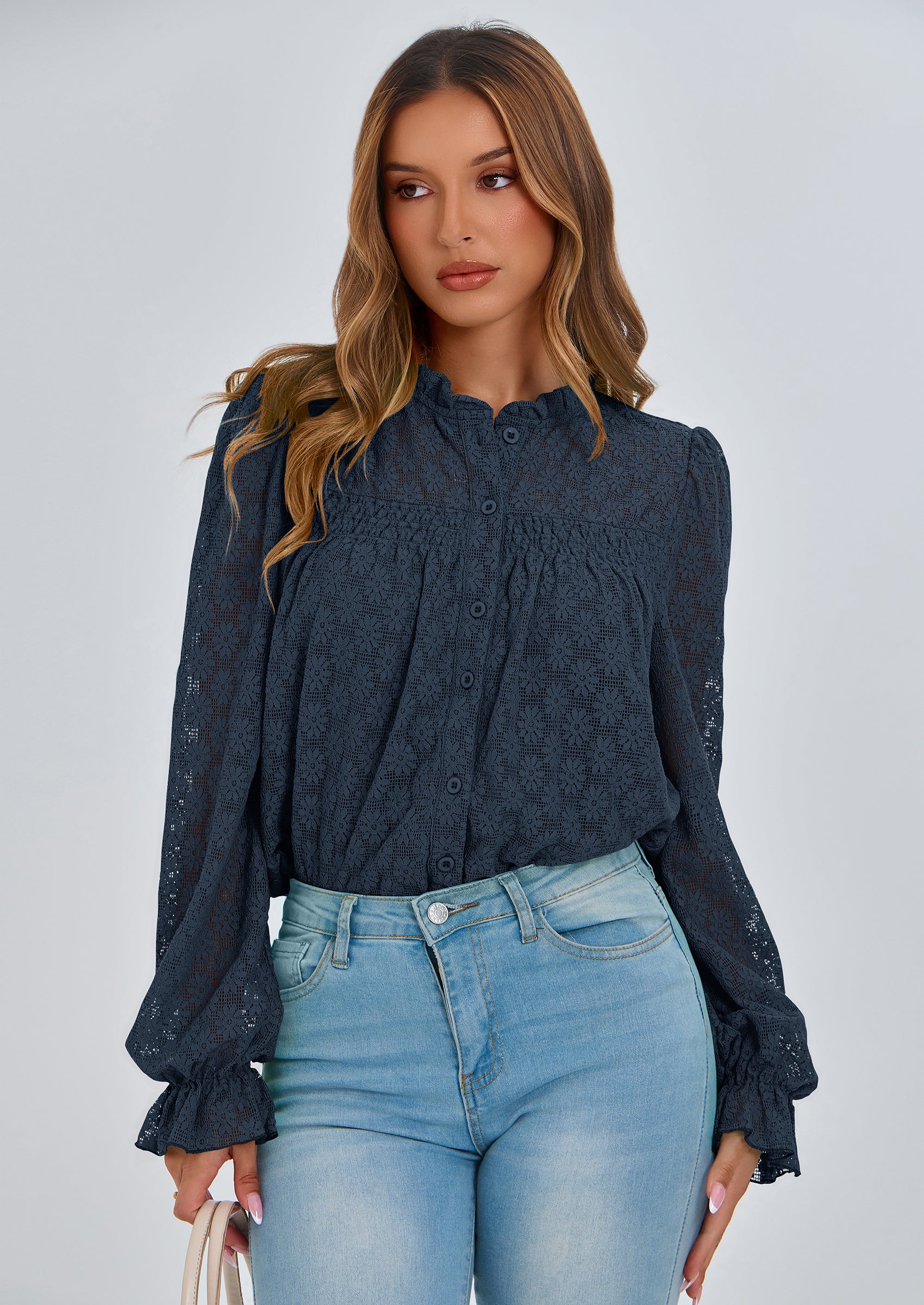 PRETTYGARDEN Lace Long Sleeve Tops for Women Eyelet Blouses Dressy Casual Hollow Out Button Down Shirts Summer Outfits