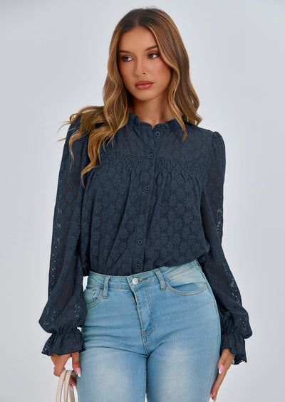 PRETTYGARDEN Lace Long Sleeve Tops for Women Eyelet Blouses Dressy Casual Hollow Out Button Down Shirts Summer Outfits