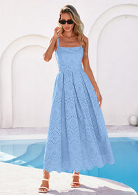 PRETTYGARDEN Womens Sleeveless Maxi Summer Dresses Hollow Out Eyelet Square Neck Ruffle Flowy Beach Vacation Sundress PRETTYGARDEN