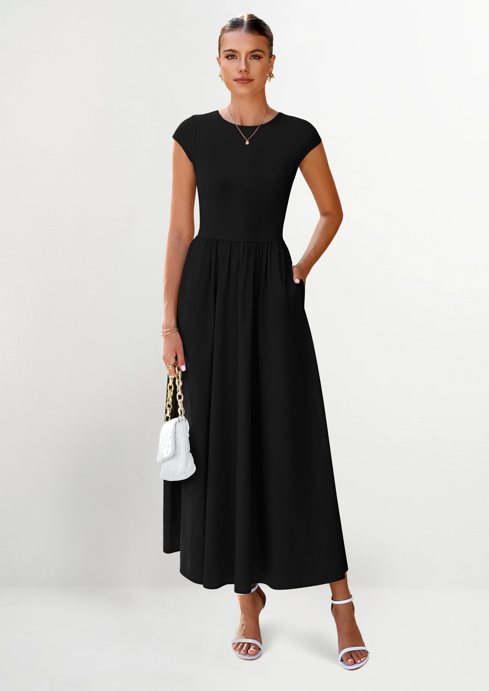 PRETTYGARDEN Women's Casual Long Dresses Cap Sleeve Patchwork A Line Flowy Modest Elegant Homecoming Maxi Dress