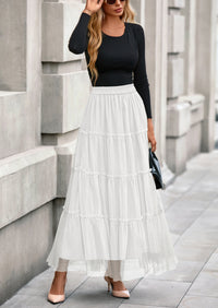 PRETTYGARDEN Maxi Skirts for Women Fall Tulle High Waisted Ruffle Flowy A-Line Long Skirt Country Concert Outfits