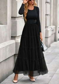 PRETTYGARDEN Maxi Skirts for Women Fall Tulle High Waisted Ruffle Flowy A-Line Long Skirt Country Concert Outfits