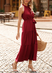 PRETTYGARDEN Women's Summer Floral Maxi Sun Dress Sleeveless Halter Neck Flowy Ruffle Hem Long Boho Dresses with Belt