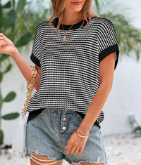 Women's Short Sleeve Spring Summer 2025 Round Neck Striped Pullover Cap Sleeve Knit T-shirt