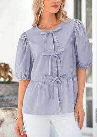 PRETTYGARDEN Women's Tie Front Striped Shirt Summer Trendy Fashion Cute Babydoll Tops Peplum Puffy Sleeve Blouse