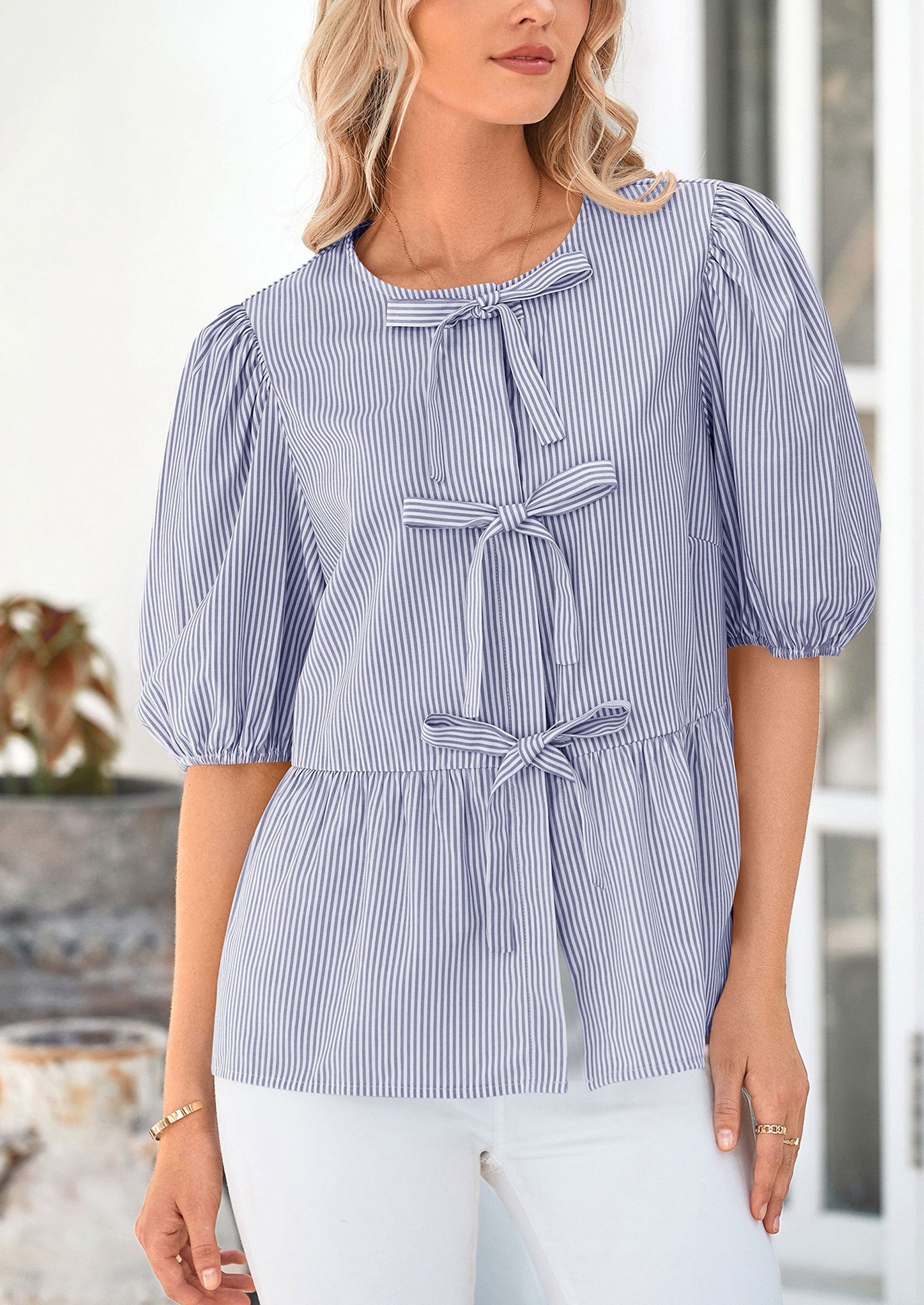 PRETTYGARDEN Women's Tie Front Striped Shirt Summer Trendy Fashion Cute Babydoll Tops Peplum Puffy Sleeve Blouse