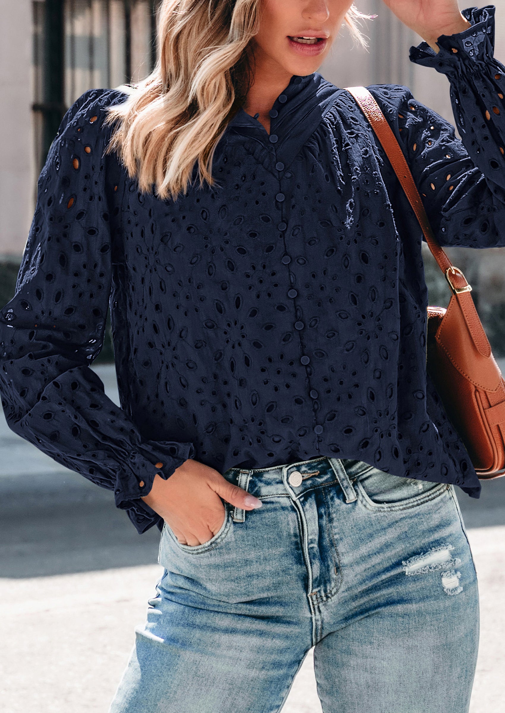 PRETTYGARDEN Women's Dressy Casual Blouse Tops Fall Spring Puff Long Sleeve Button V Neck Hollow Out Lace Embroidered Shirts