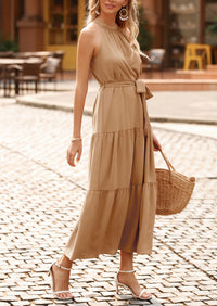 PRETTYGARDEN Women's Summer Floral Maxi Sun Dress Sleeveless Halter Neck Flowy Ruffle Hem Long Boho Dresses with Belt