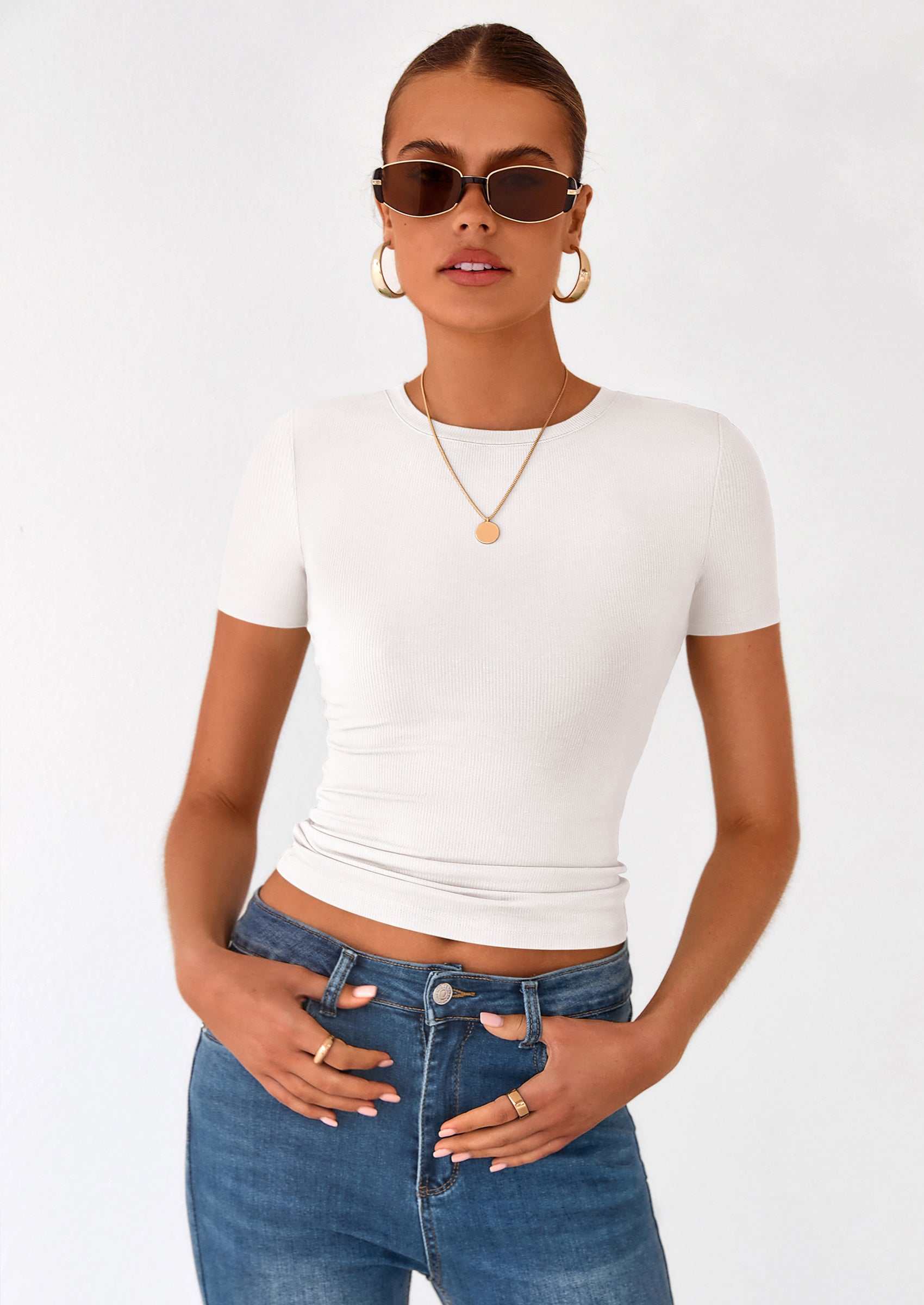 PRETTYGARDEN Women Summer Crew Neck Short Sleeve Tops Ribbed Knit Slim Fit Fashion Basic Tee Shirts Casual Going Out Top PRETTYGARDEN