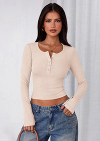 PRETTYGARDEN Women's Summer Long Sleeve Henley T Shirts Ribbed Knit Button Slim Fitted Basic Casual Going Out Fall Tops