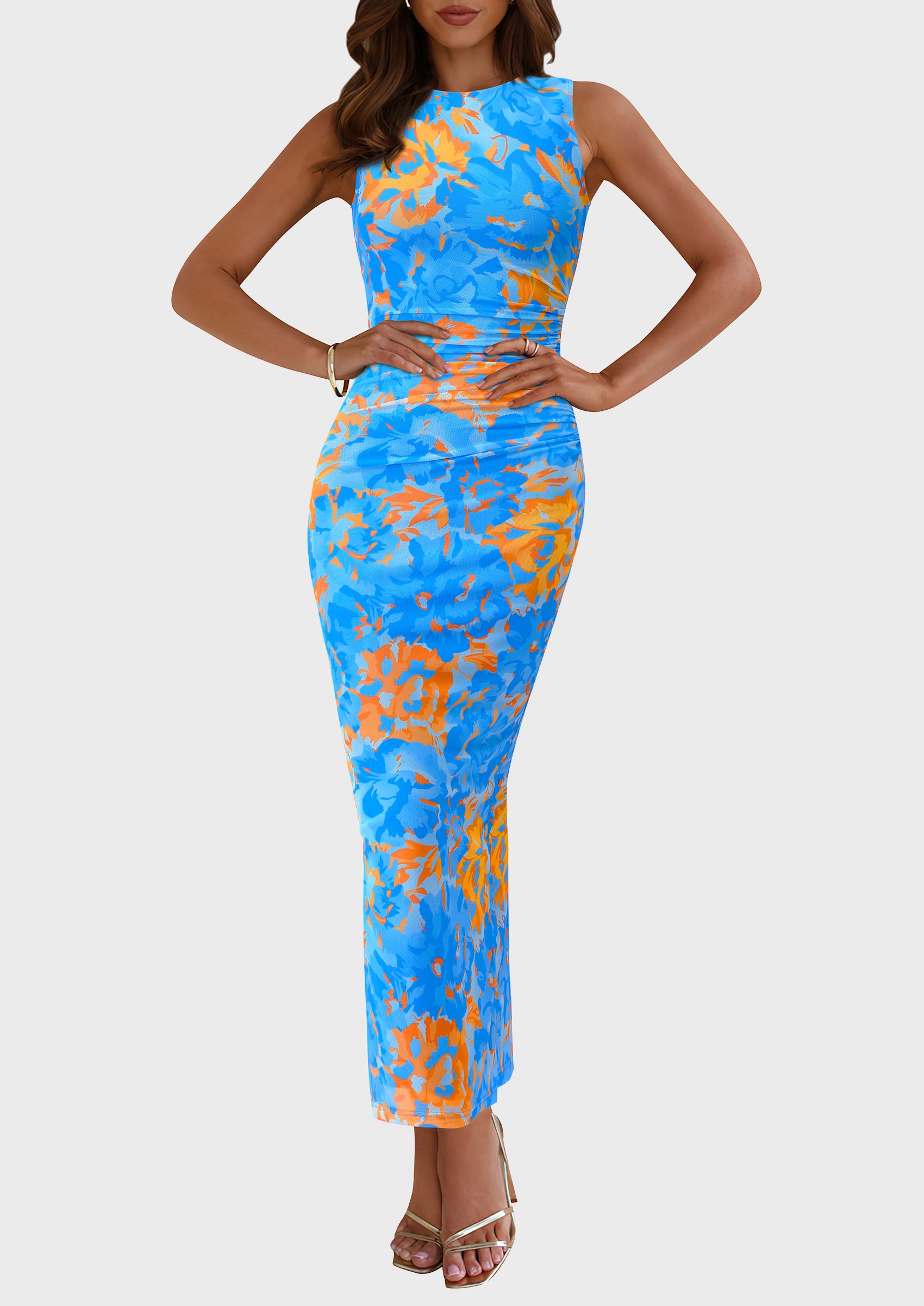 PRETTYGARDEN Wedding Guest Dresses for Women Spring Floral Bodycon Sleeveless Mesh Maxi Long Dress