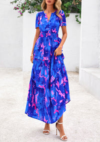 Summer Boho Floral Short Sleeve V Neck A Line Tiered Ruffle Flowy Long Beach Vacation Maxi Dresses