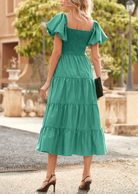 PRETTYGARDEN Women's Summer Casual Midi Dress Puffy Short Sleeve Square Neck Smocked Tiered Ruffle Dresses