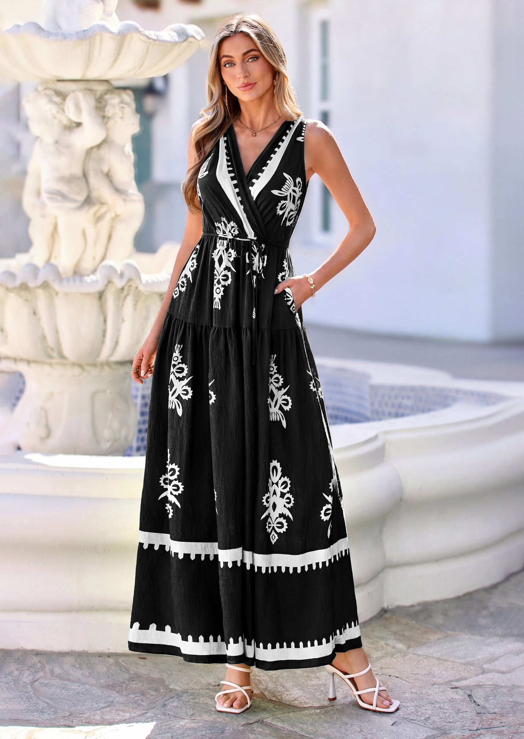 PRETTYGARDEN Womens Floral Maxi Dress Sleeveless Vneck Belt Ruffle Long Dresses Boho Summer Beach Vacation Clothes