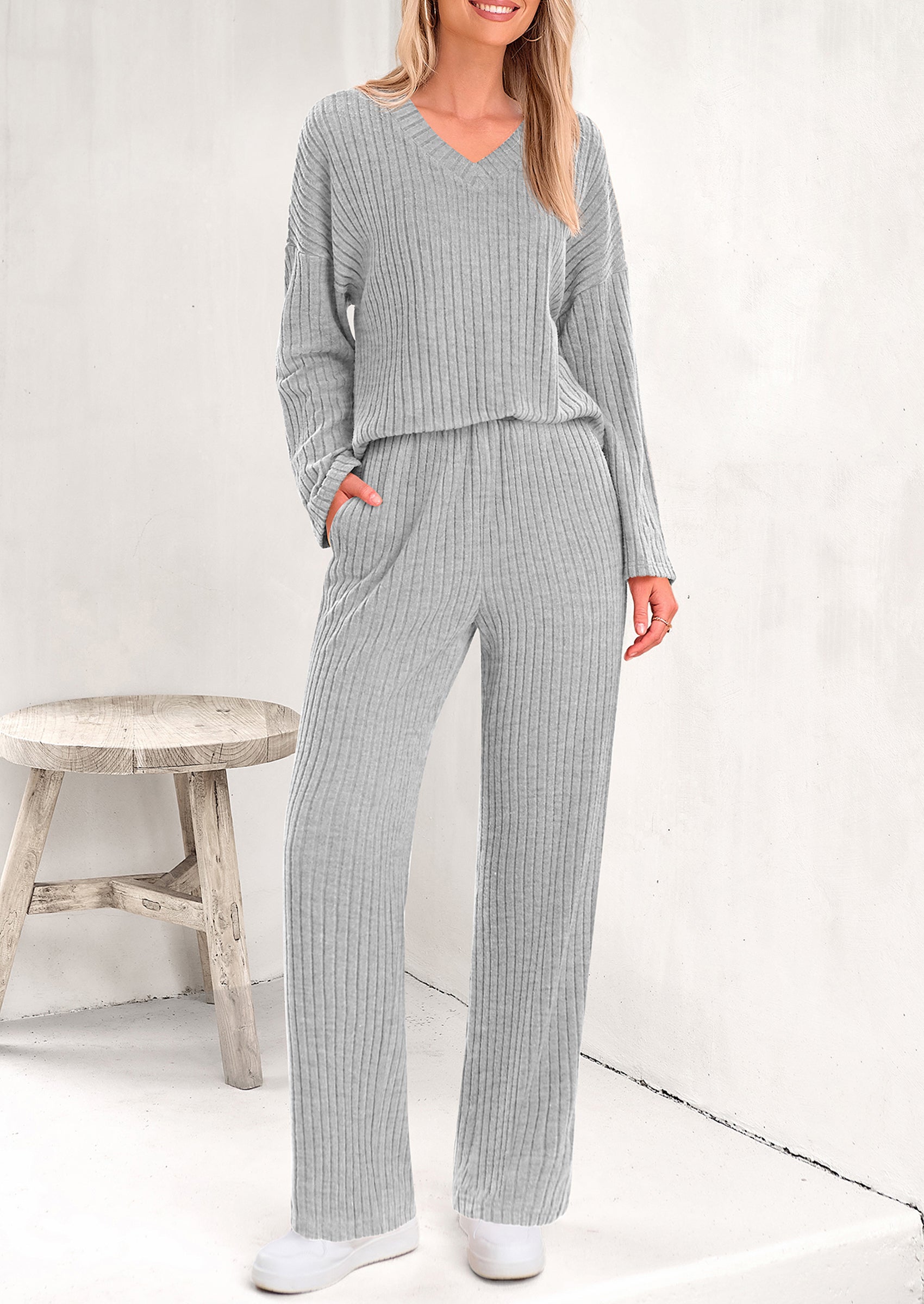 PRETTYGARDEN Women's 2 Piece Lounge Sets Ribbed Knit Long Sleeve V Neck Pullover Tops Wide Leg Pants Spring Fall Outfits