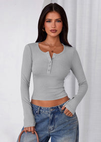 PRETTYGARDEN Women's Summer Long Sleeve Henley T Shirts Ribbed Knit Button Slim Fitted Basic Casual Going Out Fall Tops