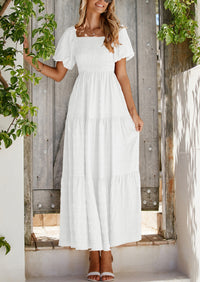 PRETTYGARDEN Womens Summer Puff Short Sleeve Maxi Dress Square Neck Smocked Tiered Ruffle A Line Long Flowy Beach Dresses