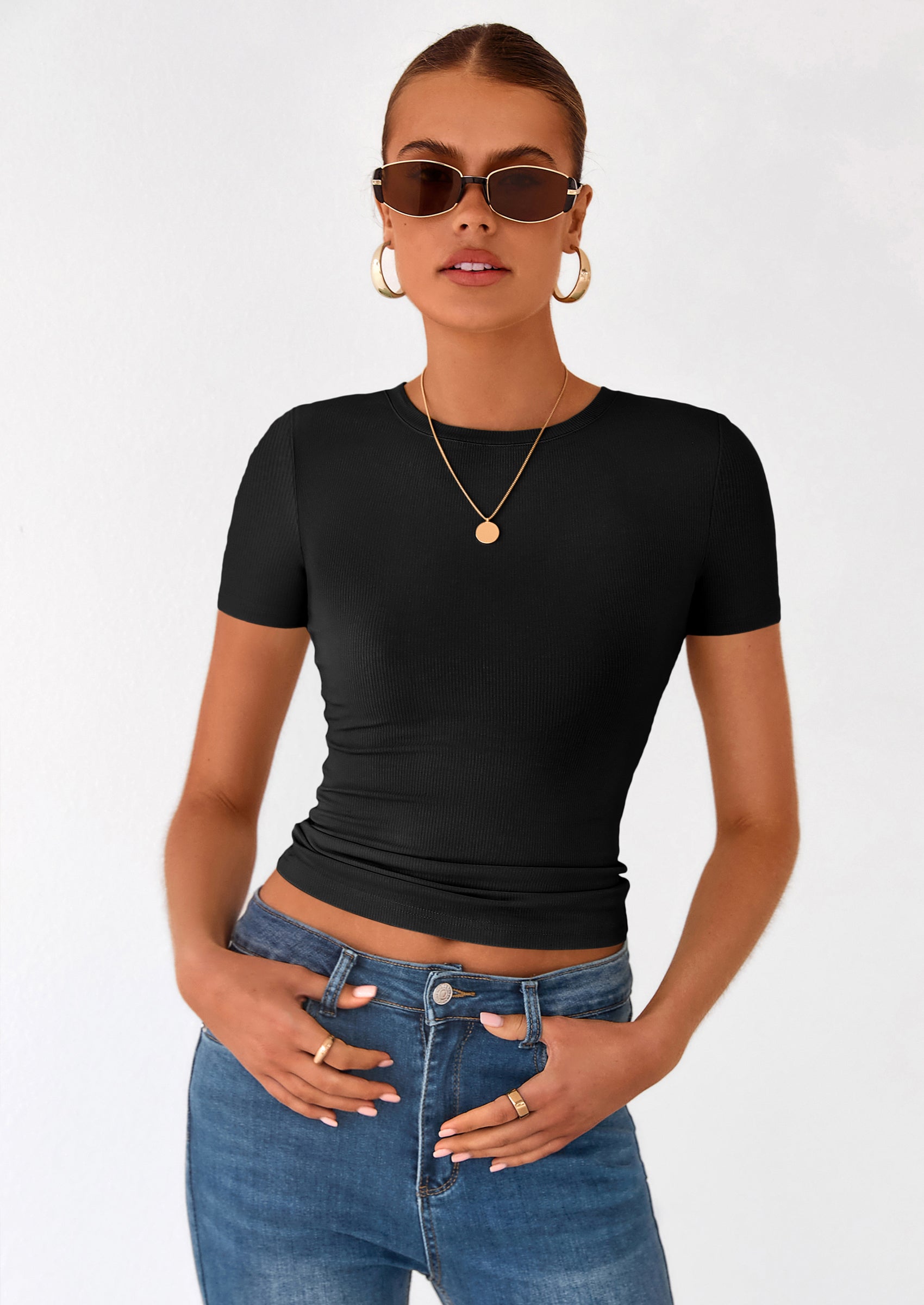 PRETTYGARDEN Women Summer Crew Neck Short Sleeve Tops Ribbed Knit Slim Fit Fashion Basic Tee Shirts Casual Going Out Top PRETTYGARDEN